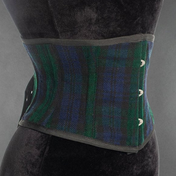 New Black Watch Tartan Waist Cincher Corset Spiral Metal Boning Lined Back Tie - Picture 3 of 7